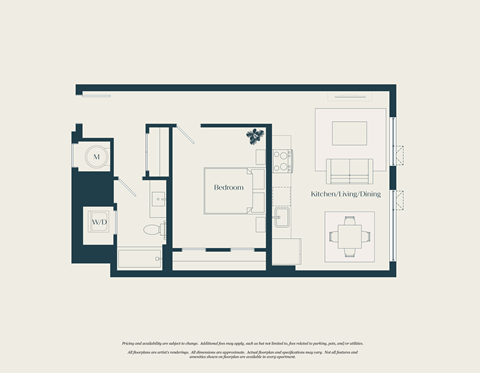 Floor plan for 1 bed, 1 bath, 663 sqft